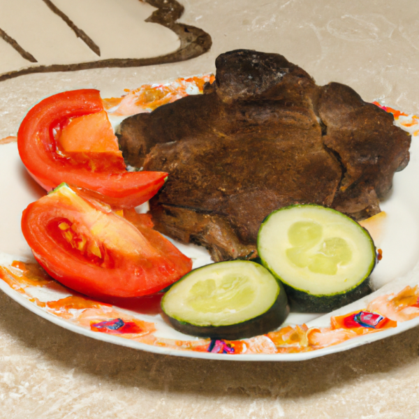 Beef steak on a plate, tomatoes and cucumbers on the plate as well